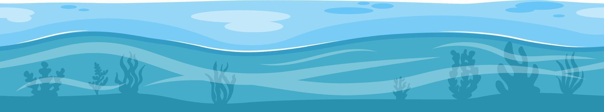 Underwater marine life panorama with seaweed growing on the seabed and light refracting through the surface in a cartoon style, ideal for backgrounds and game landscapes vector