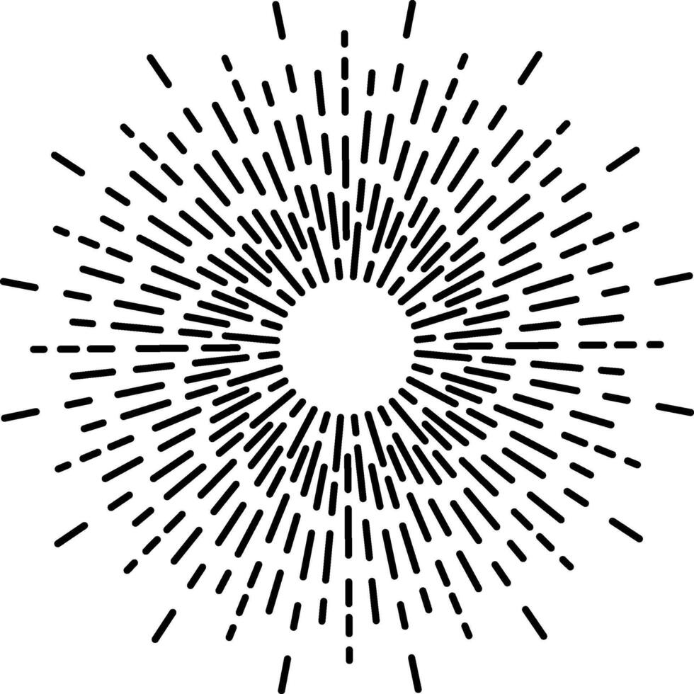 Black and white geometric pattern forming a starburst or sun with radiating lines emanating from a central circle, ideal for backgrounds, logos, and graphic design vector