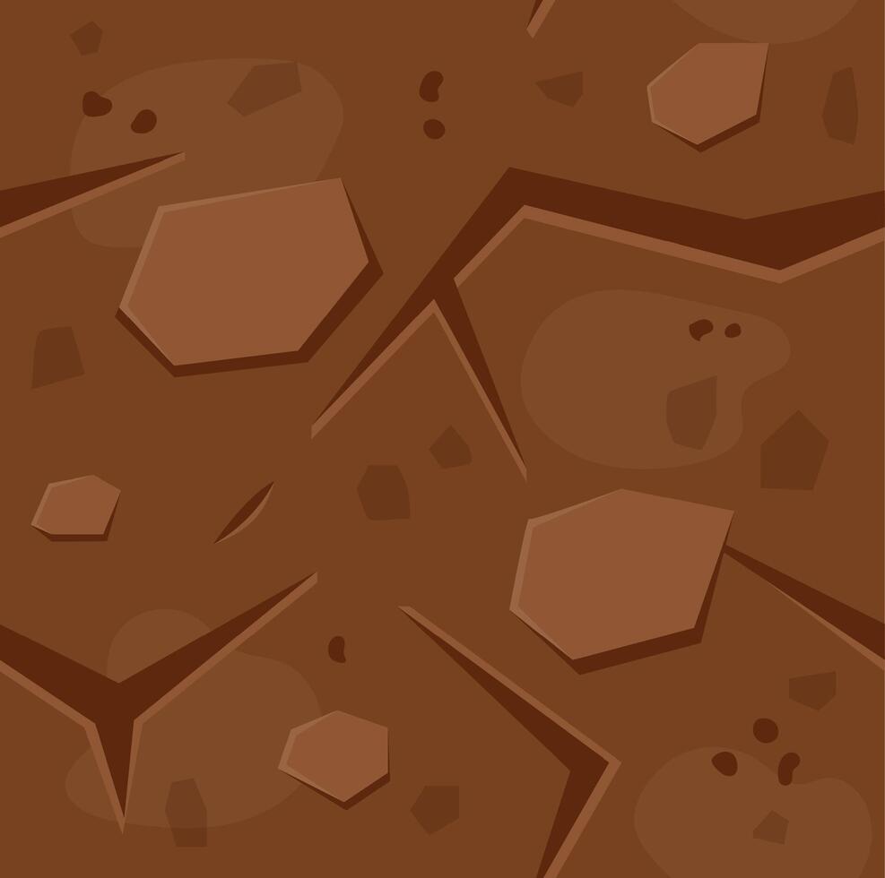 Seamless cartoon game ground texture forming a repeating pattern, representing a stylized surface with cracks, rocks, and dirt, suitable for game level design or background vector