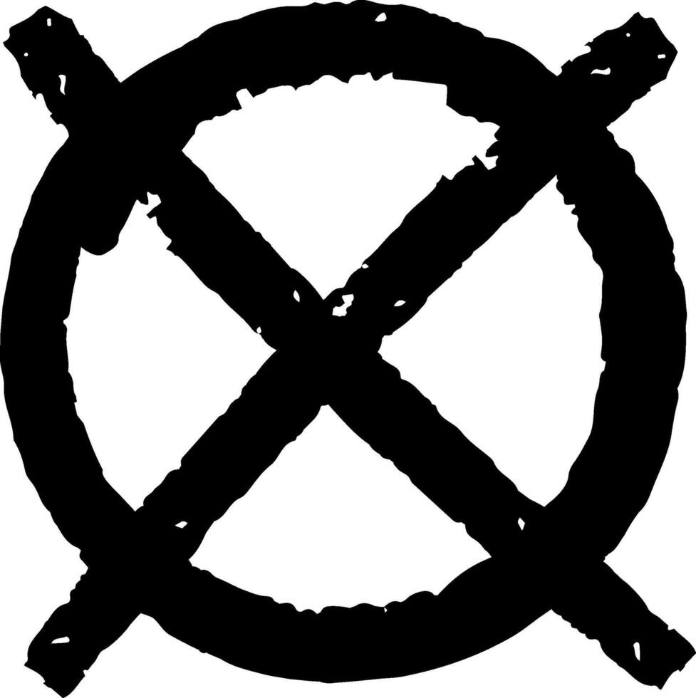 Black cross mark intersecting a circle, forming a prohibition symbol in a rough, hand drawn style, isolated on a white background vector