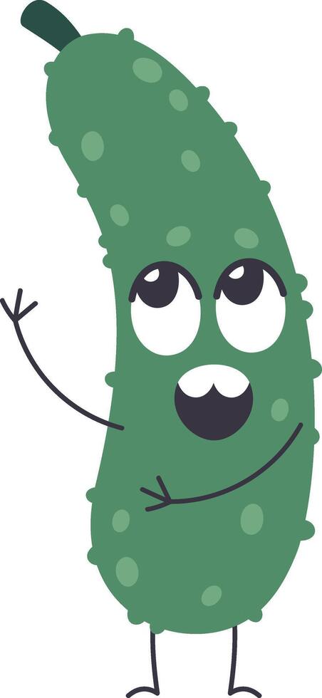 Cartoon cucumber character with big eyes and open mouth waving with hands, surprised and excited expression, funny vegetarian food mascot, comic veggies emotions vector