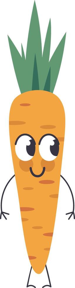Cartoon carrot mascot standing with arms out, radiating positivity and cheerfulness, promoting healthy eating habits and a vibrant vegetarian lifestyle for all ages vector