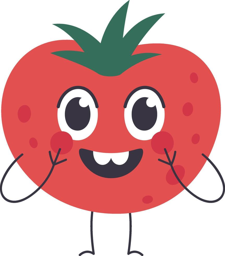 Funny tomato character with big eyes, green leaves, hands and feet, smiling and touching its face, blushing, isolated on a white background vector