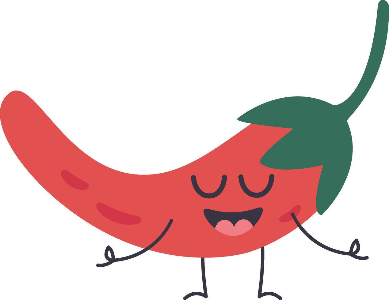 Cartoon chili pepper character standing with closed eyes, smiling broadly, arms outstretched and legs slightly bent, radiating happiness and a sense of relaxation and tranquility vector