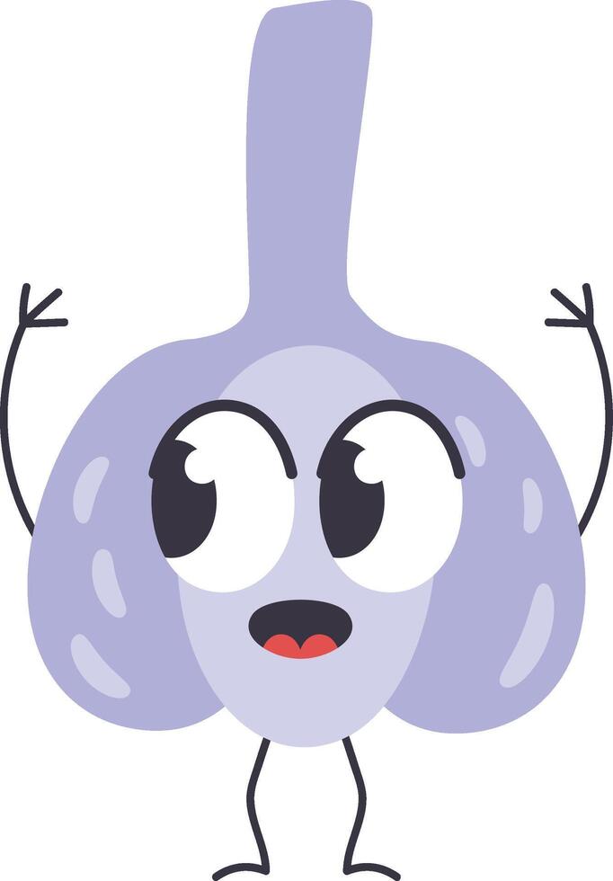 Cartoon garlic character with large eyes and an open mouth, raising hands in excitement, creating a fun and playful atmosphere. Whimsical vegetable illustration isolated on a white background vector