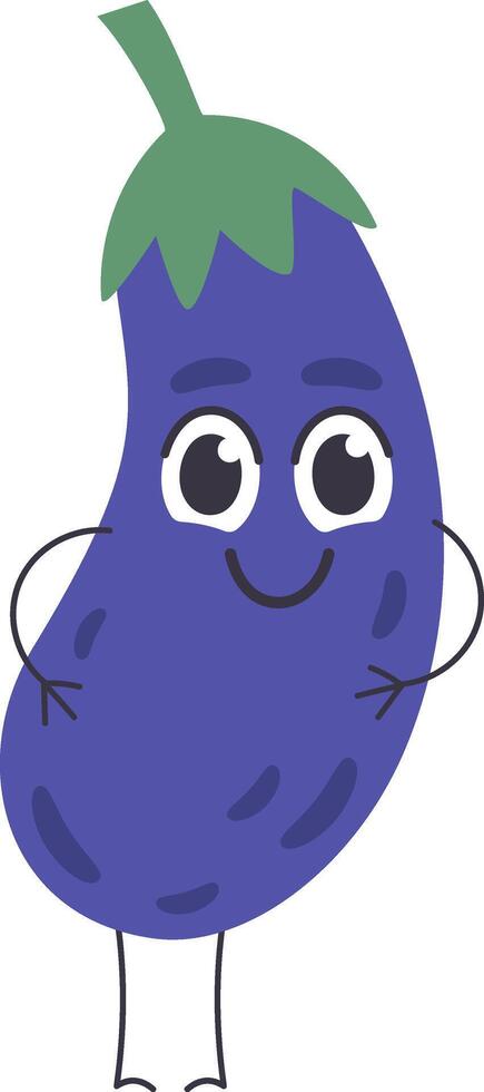Cartoon eggplant character standing with hands on hips and a cheerful smile, embodying the essence of healthy eating and promoting a vibrant vegetarian lifestyle vector