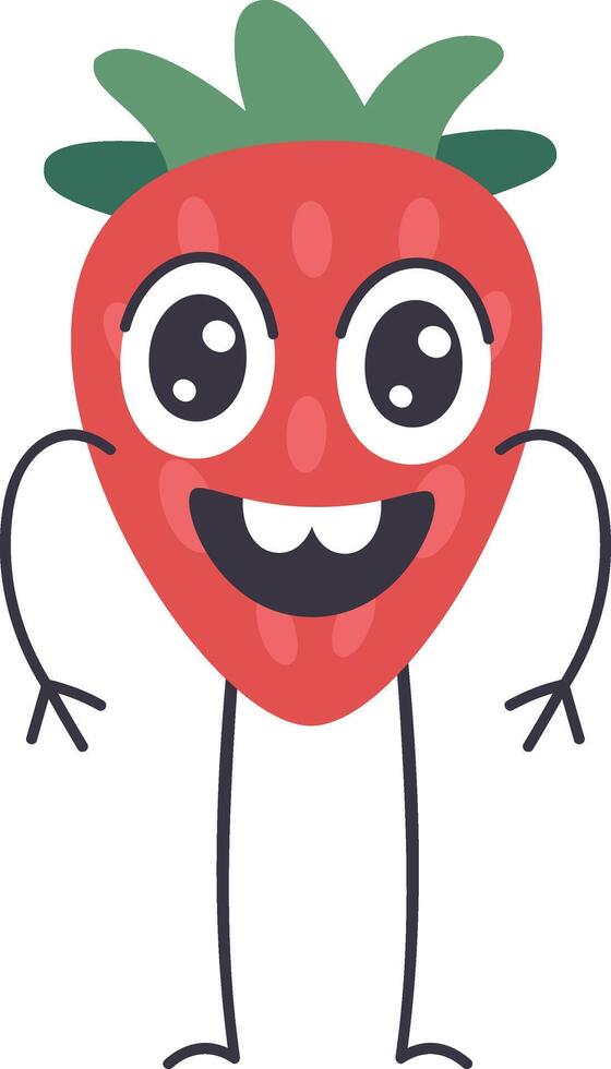 Cartoon illustration of a happy strawberry fruit character standing with big eyes, smiling, and arms outstretched, isolated on a white background vector