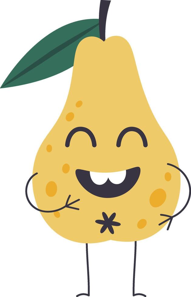 Funny yellow pear fruit character with a leaf showing comic emotions, arms and legs, smiling, isolated illustration on white background vector