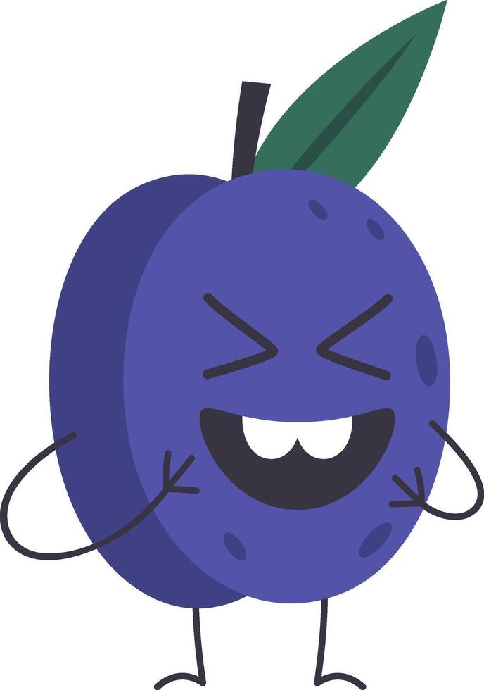 Cartoon plum character laughing with arms raised, eyes closed, and a big smile, conveying joy and amusement, ideal for healthy eating projects vector