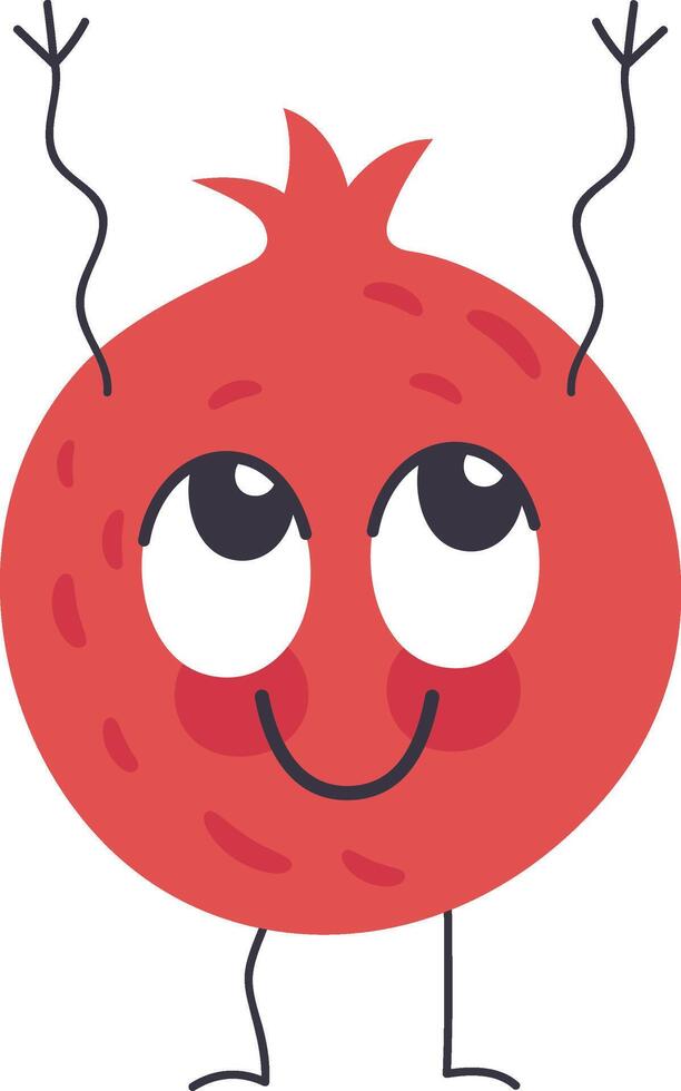 Funny pomegranate cartoon character raising hands with joy, smiling and standing on its feet, isolated illustration on white background vector
