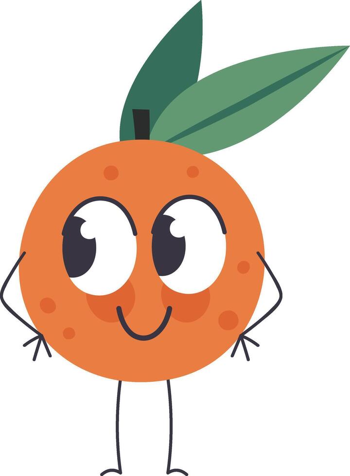 Cartoon orange fruit character with big eyes and a smile is standing with its hands on its hips, conveying a playful and confident attitude vector