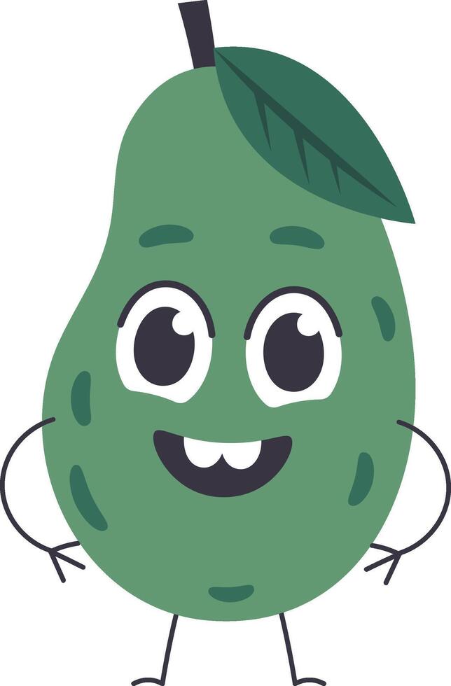 Happy smiling avocado cartoon character standing with arms akimbo, showing two teeth and big eyes, with a green leaf on top of its head, isolated on white background vector