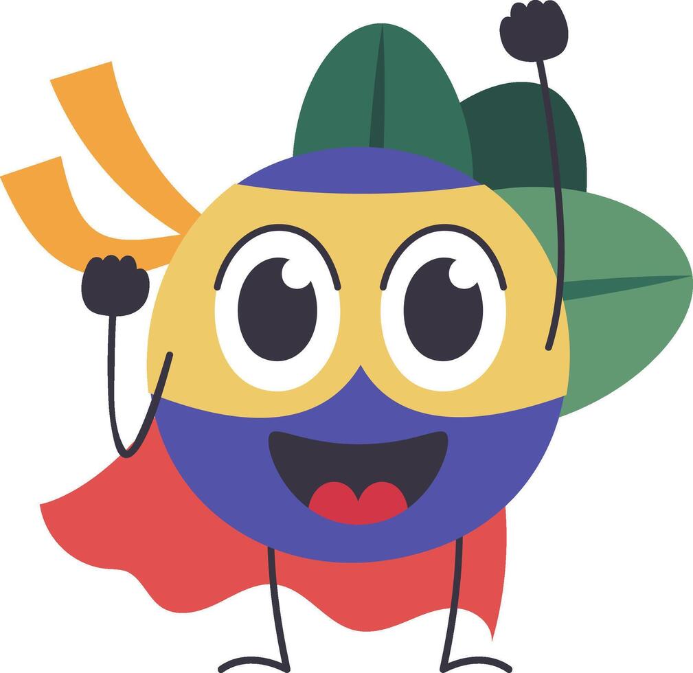 Funny superhero fruit character wearing a mask and a cape raising fists and celebrating, brave fruit mascot in cloak costume isolated icon vector