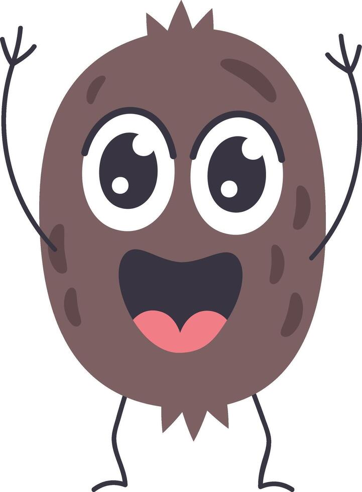 Cartoon kiwi fruit character raising hands with big eyes and open mouth is showing happiness and joy, isolated illustration on white background vector