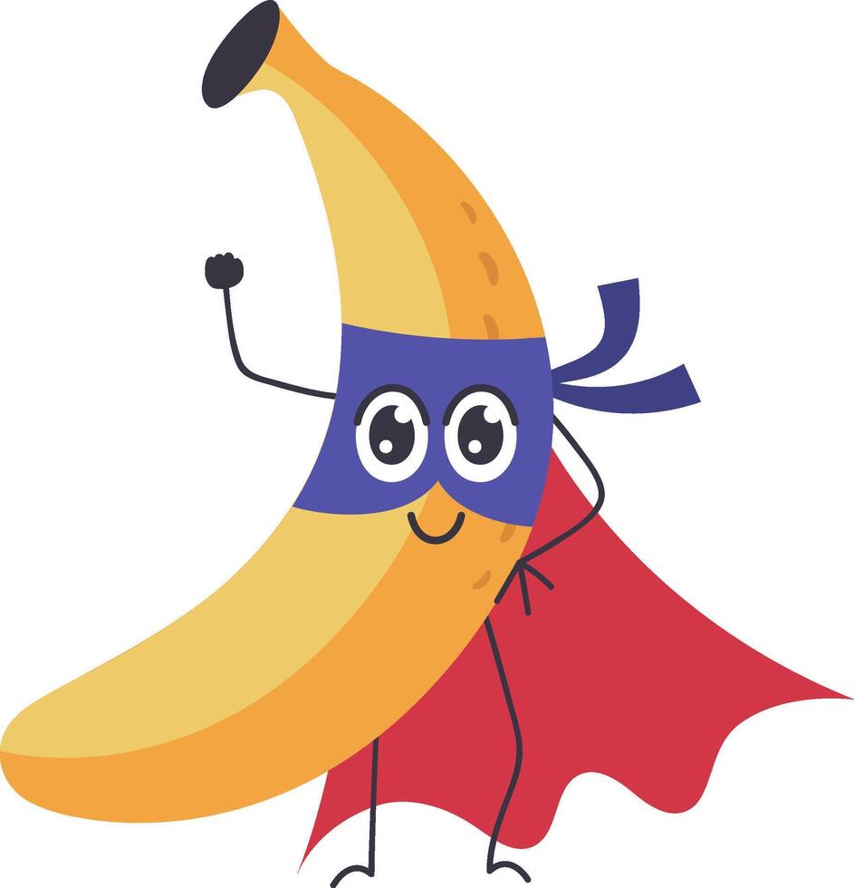 Cartoon illustration of a smiling banana wearing a superhero mask and cape raising its fist, showing strength, courage, and healthy eating habits vector