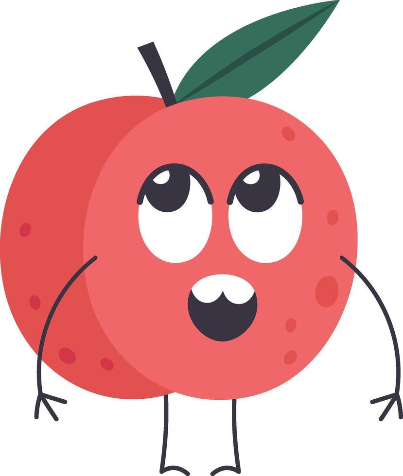 Surprised red apple cartoon character standing with arms down and mouth wide open, featuring big expressive eyes and a vibrant green leaf on top, exuding a playful and cheerful vibe vector