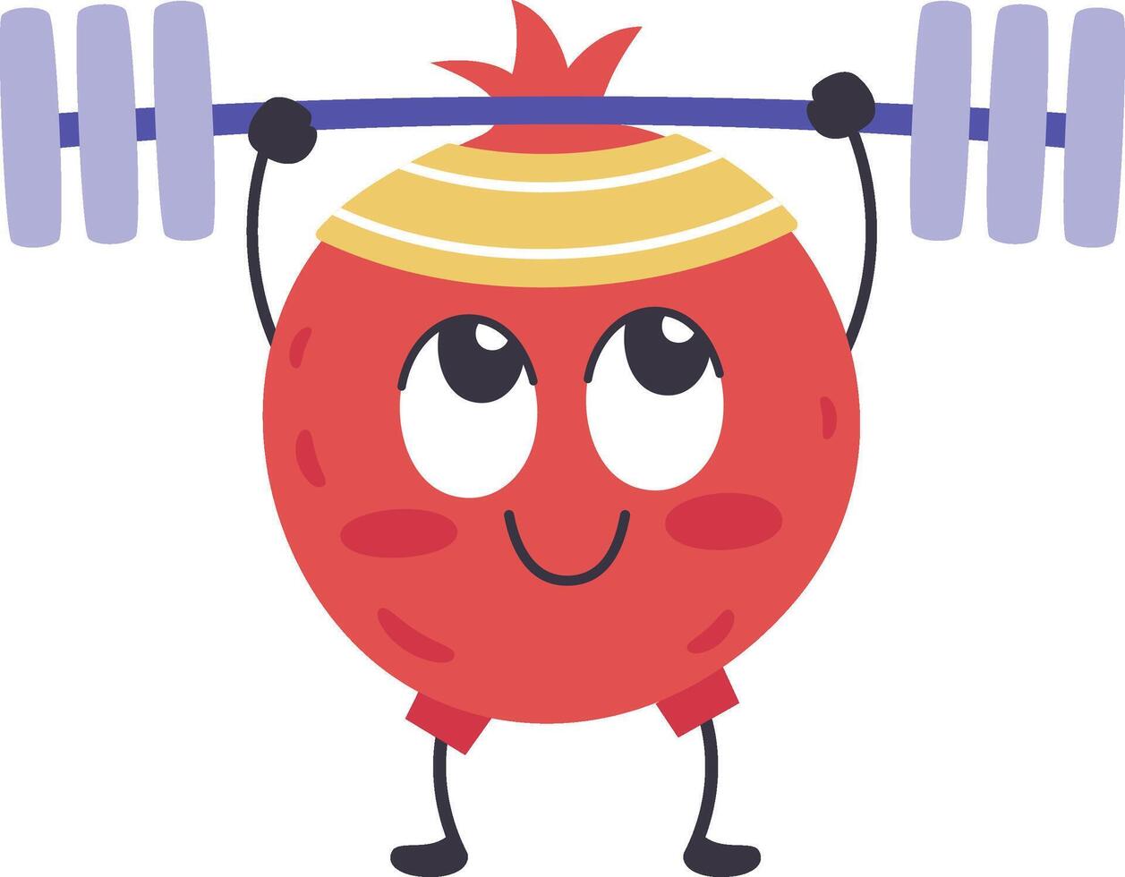 Cheerful pomegranate cartoon character wearing a sweatband is lifting a barbell with a determined expression, promoting a healthy lifestyle through fitness and exercise vector