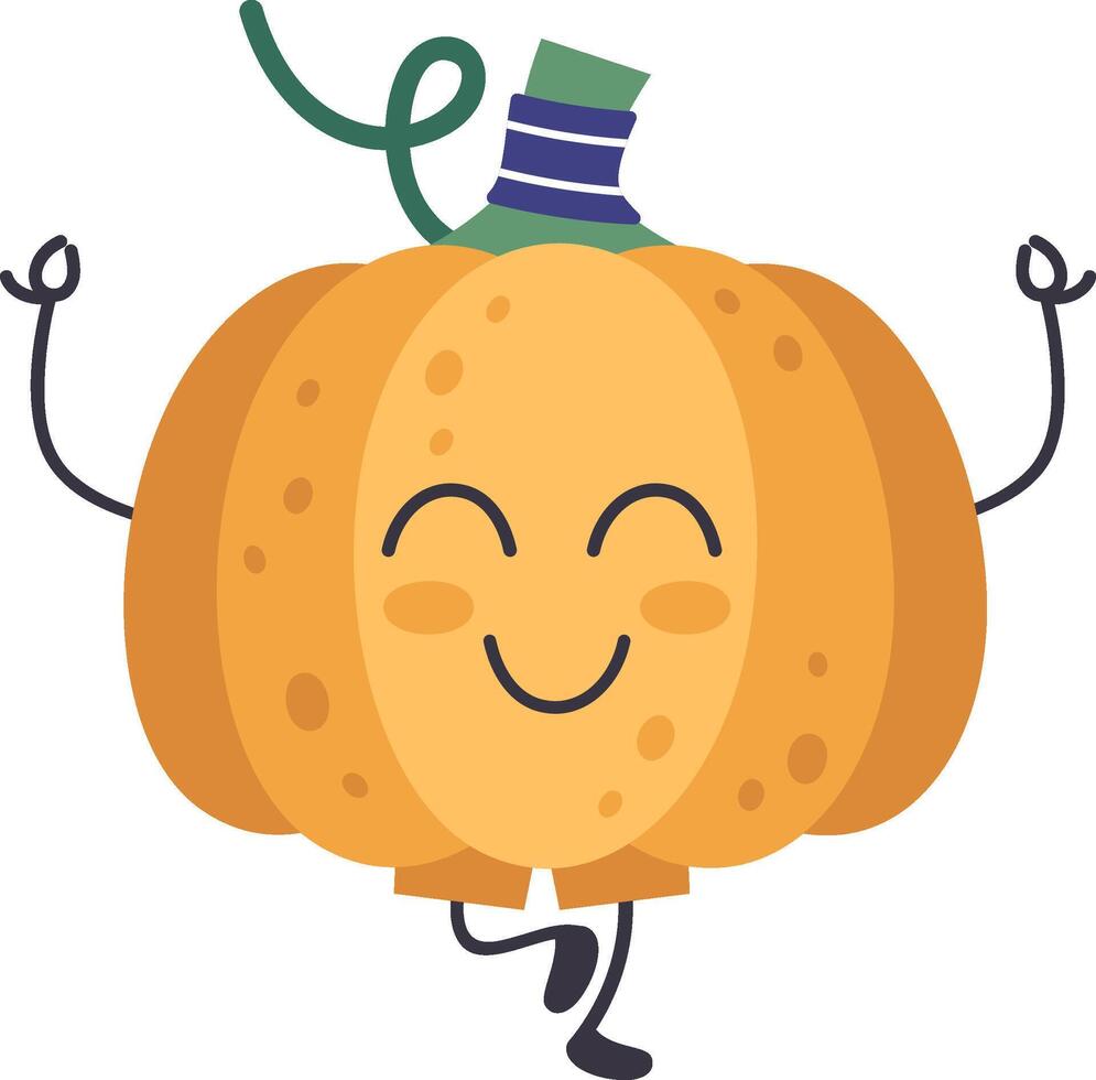 Cartoon illustration of a cute pumpkin practicing yoga and smiling, promoting a healthy lifestyle and fitness, isolated on a white background vector