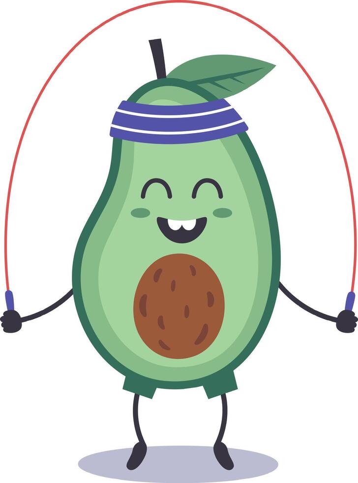 Cheerful avocado character wearing a headband and shorts joyfully jumping rope, embodying the essence of a healthy, active lifestyle filled with energy and fun vector