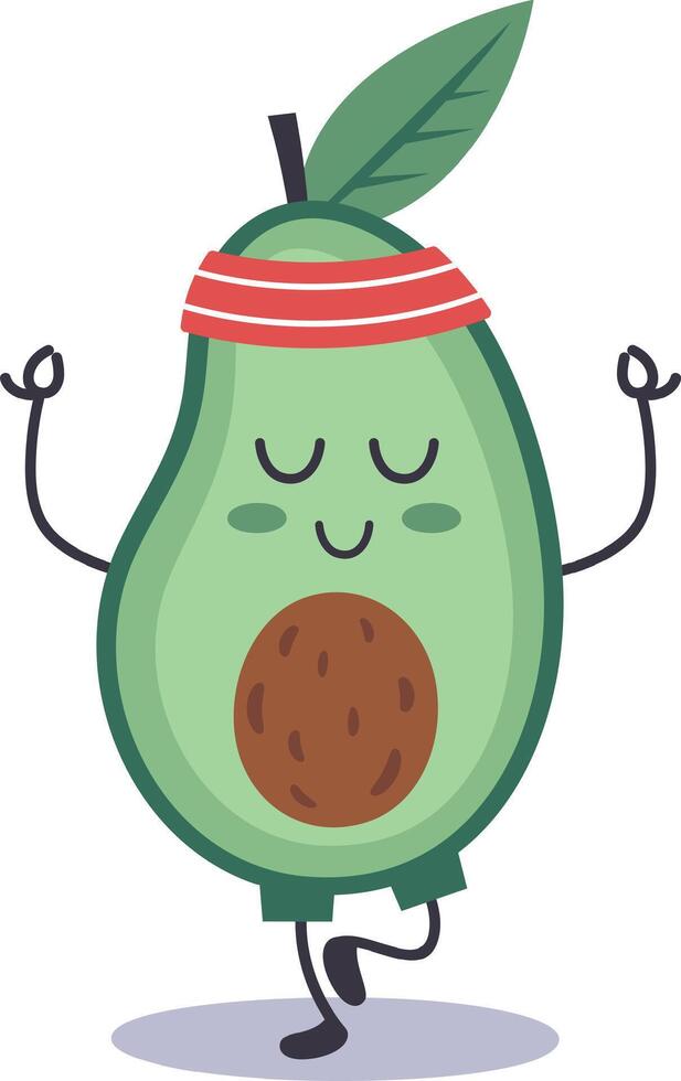 Cartoon avocado character with headband meditating and practicing yoga, promoting healthy lifestyle and wellbeing through fitness and mindfulness vector