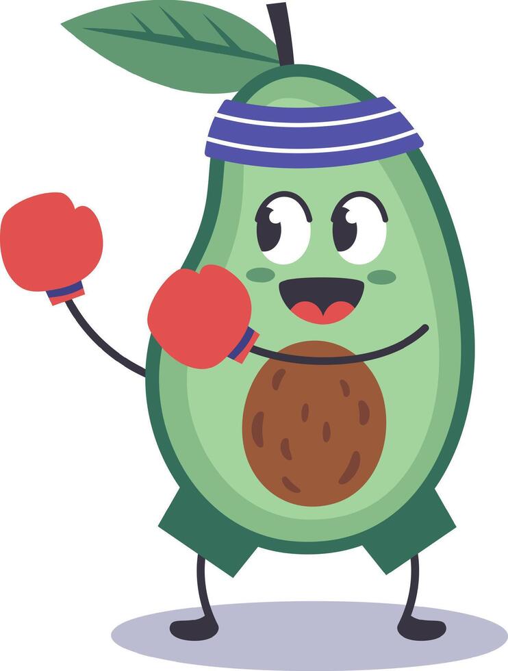 Funny avocado boxer character wearing boxing gloves and headband is training, smiling and ready to fight, healthy lifestyle and fitness concept, illustration isolated on white background vector