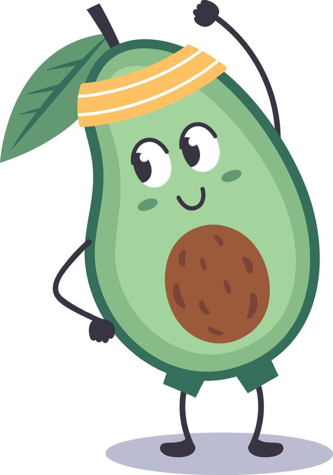 Cartoon avocado character wearing a headband and doing fitness exercises, promoting healthy lifestyle and sports activities in a funny and engaging way vector