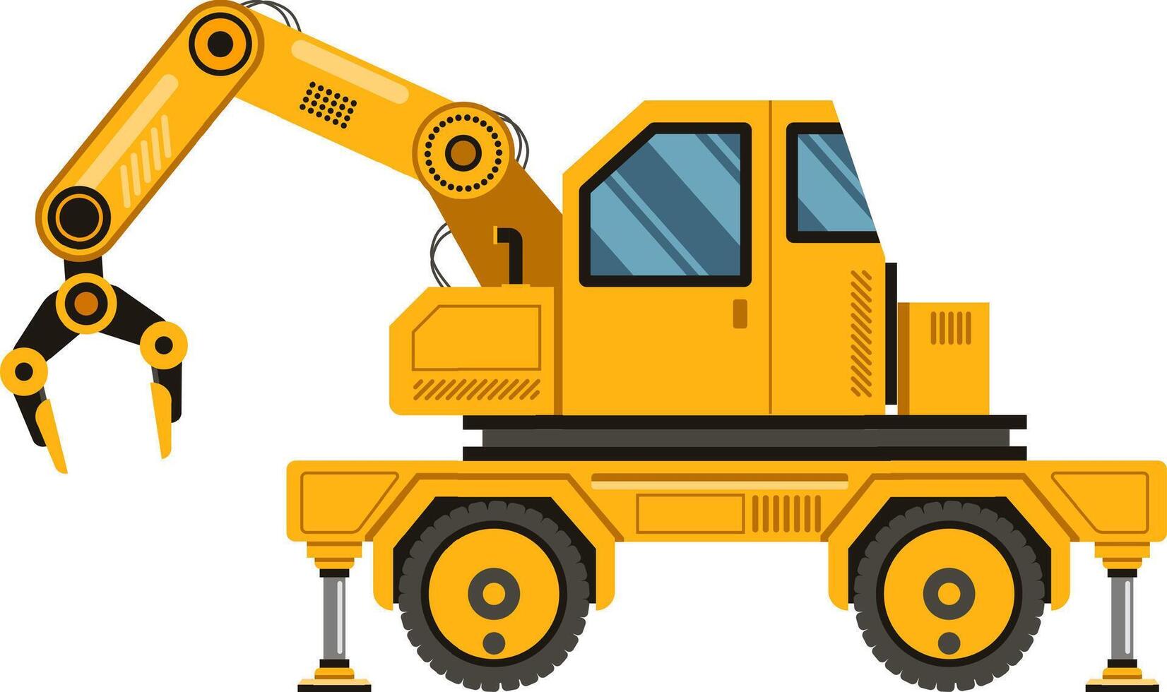 Side view of a robotic crane lifting heavy loads with a hydraulic arm, mounted on a vibrant yellow truck, set against a clean white background vector