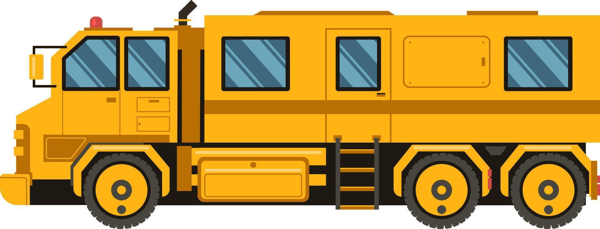 Side view of a large yellow off road truck featuring a mobile laboratory module, designed for rugged terrain and remote exploration, isolated against a clean white background vector