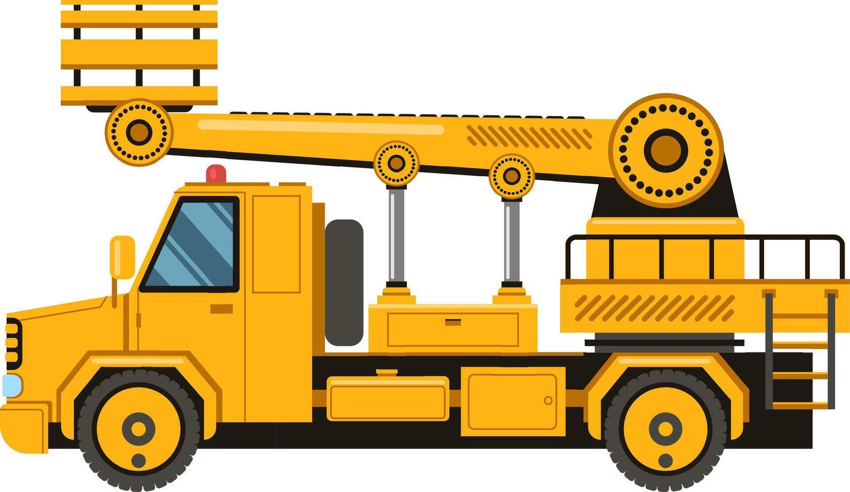 Yellow aerial work platform truck lifting wooden pallet, isolated on white background, in flat cartoon style, concept of building, loading, construction and industrial equipment vector