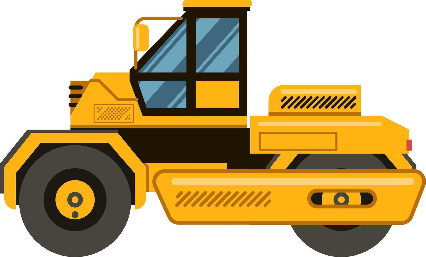 Yellow road roller flattening ground during road construction, showcasing heavy machinery in action. Essential equipment for civil engineering projects, ensuring effective compaction and leveling vector