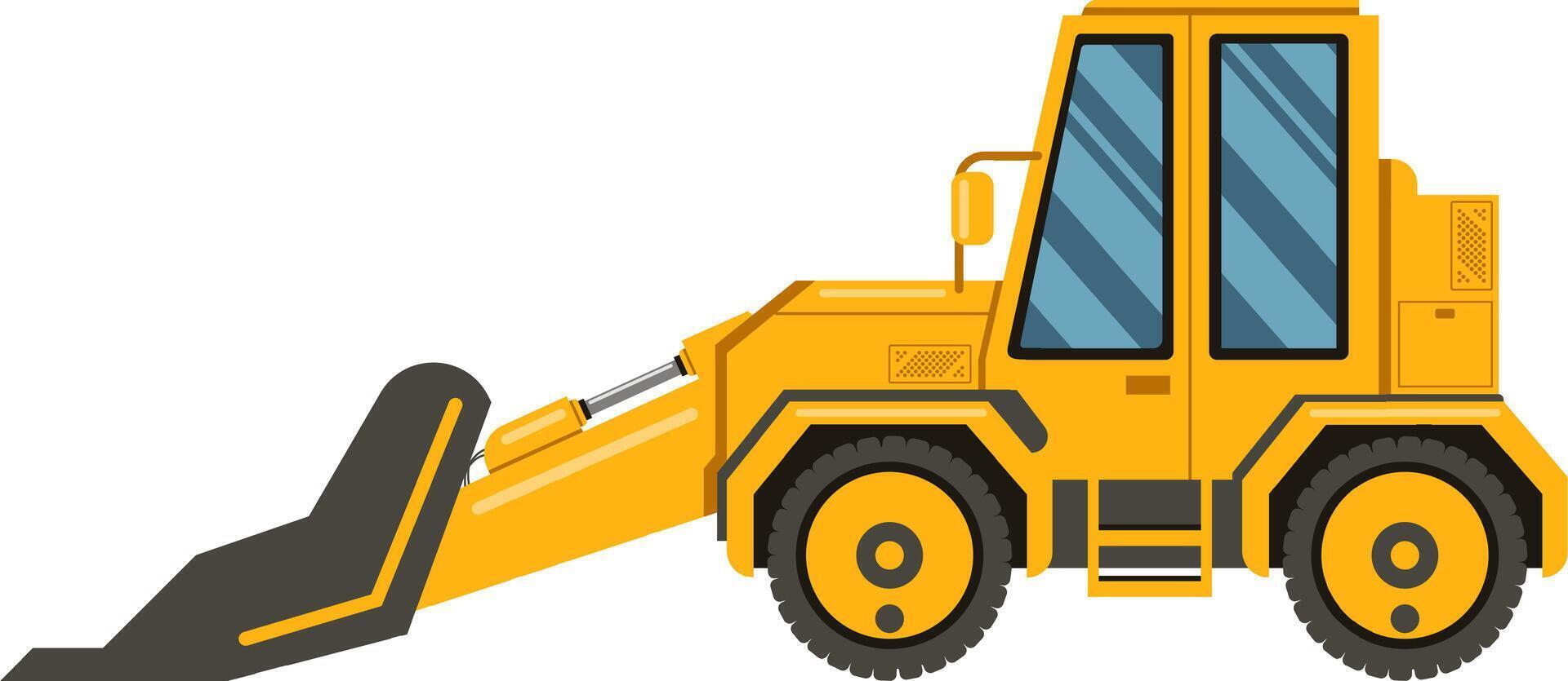 Cartoon illustration of a yellow backhoe loader extending its shovel forward, ready for digging and earthmoving operations on a construction site vector