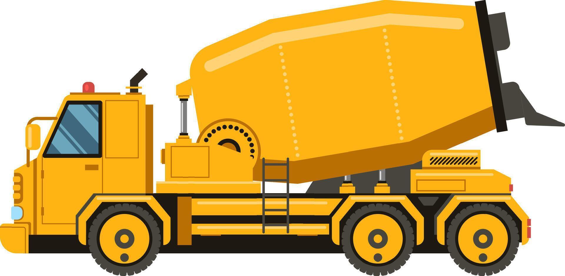 Yellow cement mixer truck rotating its drum while delivering concrete to a construction site, ensuring efficient material transportation for building projects vector