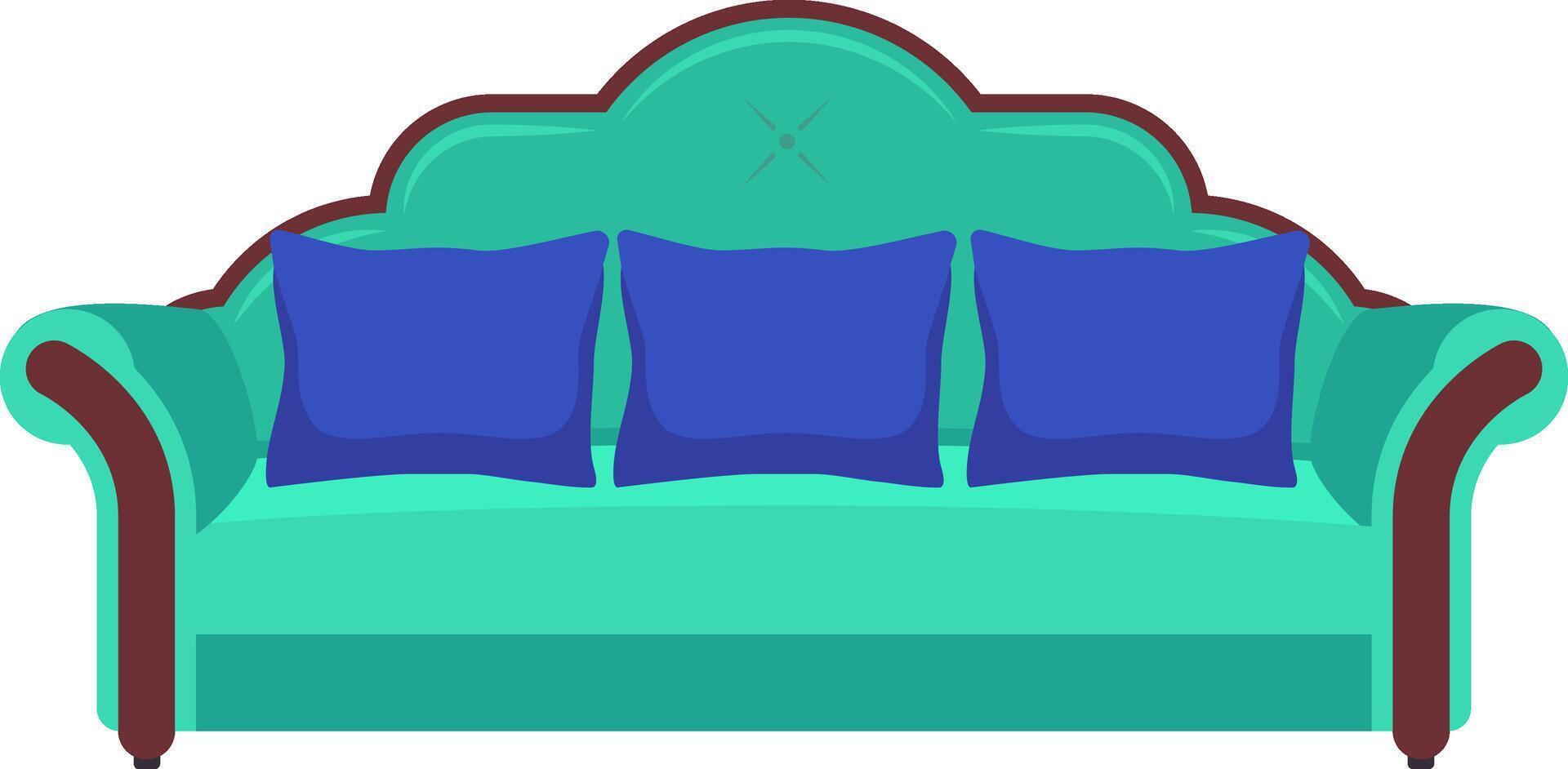 Comfortably arranged light green sofa adorned with three blue pillows and supported by dark brown wooden legs, inviting guests into a stylish modern interior design vector