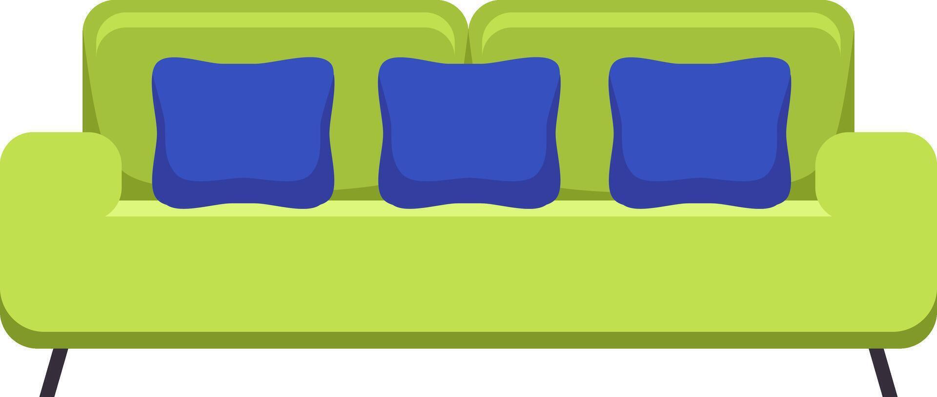 Comfortable green sofa adorned with three inviting blue pillows, creating a serene atmosphere for relaxation. Ideal for enhancing interior design projects and showcasing furniture elegance vector