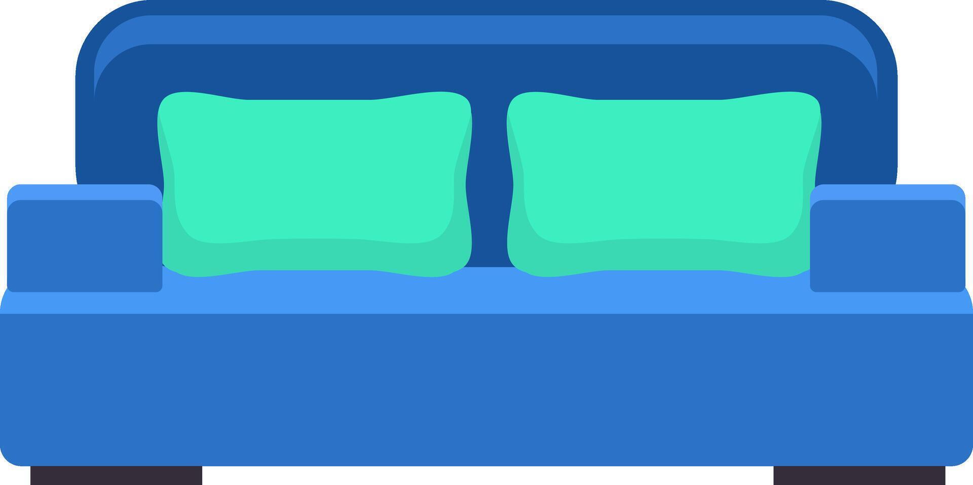 Comfortable blue sofa with two green pillows invites you to relax in a stylish and cozy living room, perfect for interior design and home decor concepts vector