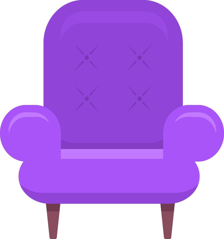 Comfortable purple armchair with rounded edges, wooden legs and tufted upholstery standing on a white background, perfect for interior design projects or furniture catalogs vector