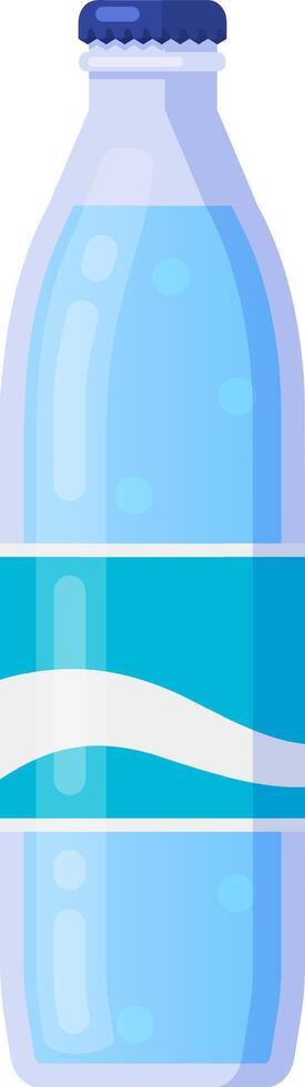 Glass bottle containing sparkling water with blue label and white wave promoting healthy lifestyle and hydration, perfect for quenching thirst on a hot summer day vector
