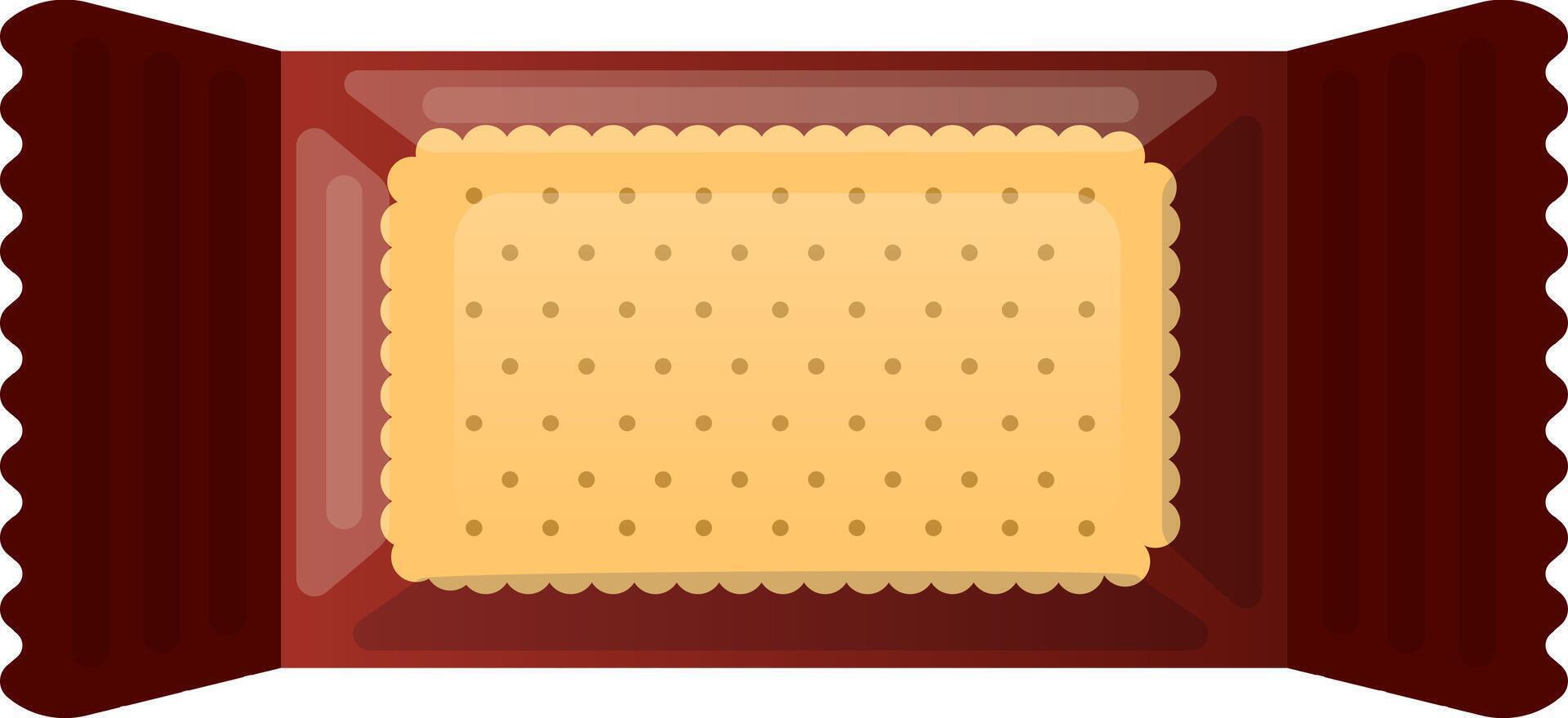 Rectangular dry cracker resting in vibrant red packaging with scalloped edges, waiting to be opened. Isolated against a clean white background, offering a tempting snack option vector