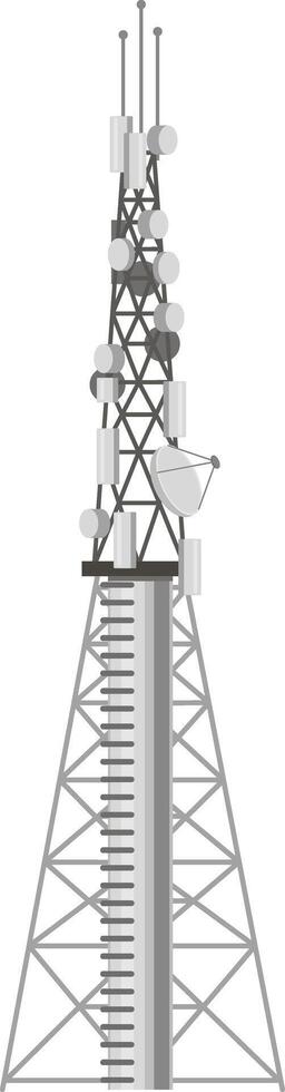 Metal telecommunication tower rising high against a cloudless sky, featuring various antennas and a satellite dish, delivering essential wireless communication services and connectivity vector