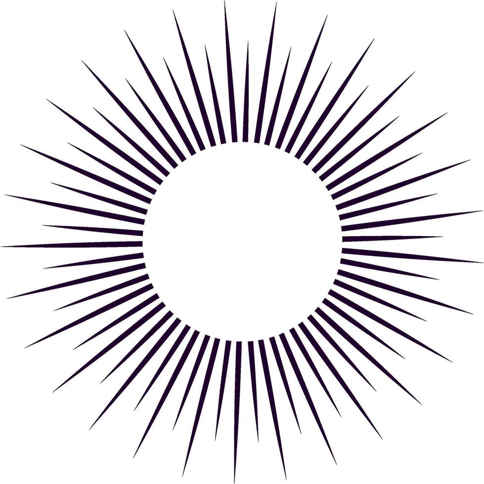 Graphic design element featuring radiating lines emanating from a central circular space, evoking a sunburst, starburst, or explosion effect, ideal for backgrounds, logos, or decorative elements vector