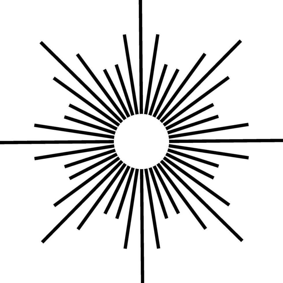 Radial black lines converging toward a central white circle create a dynamic starburst effect against a clean white background, perfect for energetic design projects vector