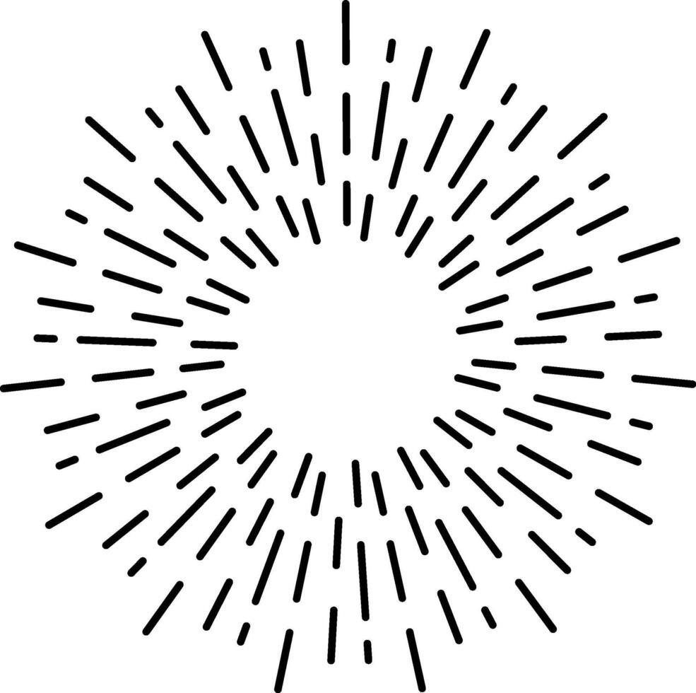 Sunburst design element radiating outwards from the center with short lines, creating a dynamic and energetic visual effect, ideal for graphic design projects vector