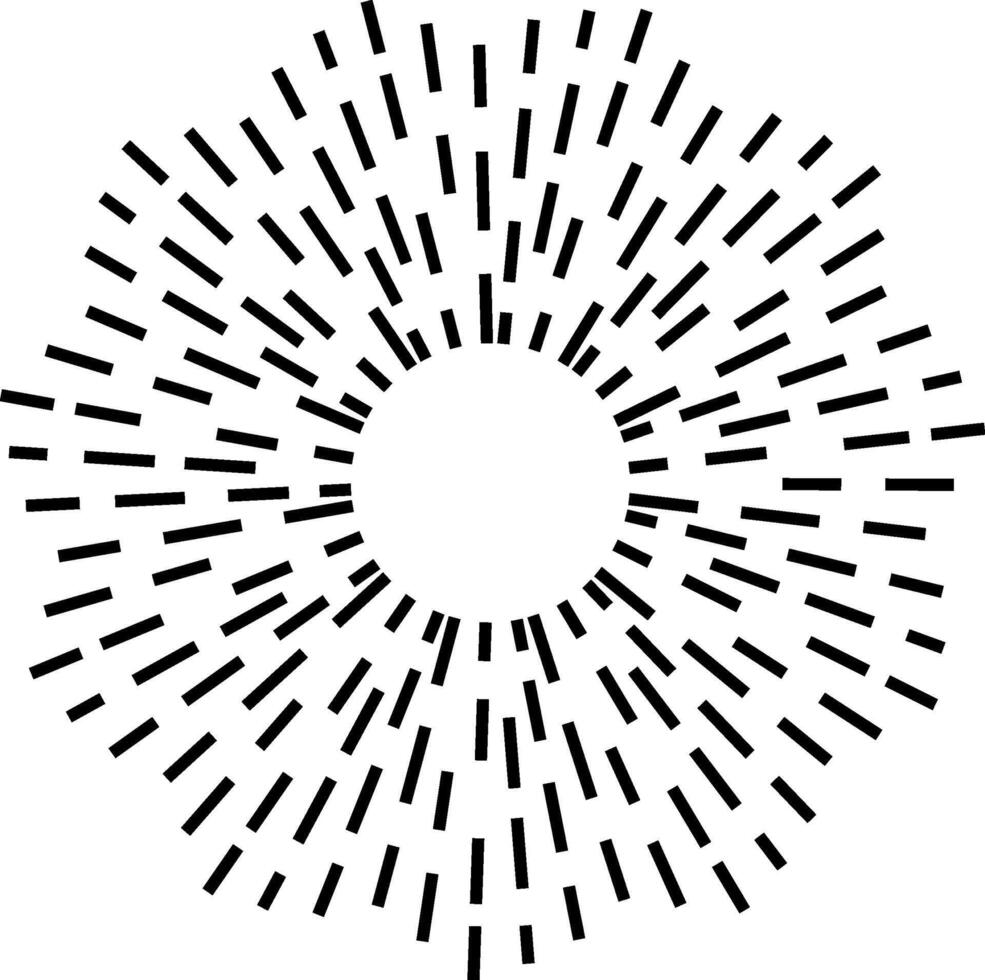 Black short lines arranged in a circle, creating a hypnotic optical illusion resembling a stylized sun or flower, radiating outwards on a white background vector