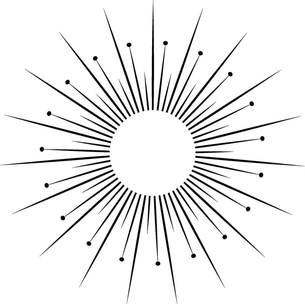 Radiating black lines from a central circle create a sunburst effect with scattered dots on a clean white background, perfect for graphic design projects vector