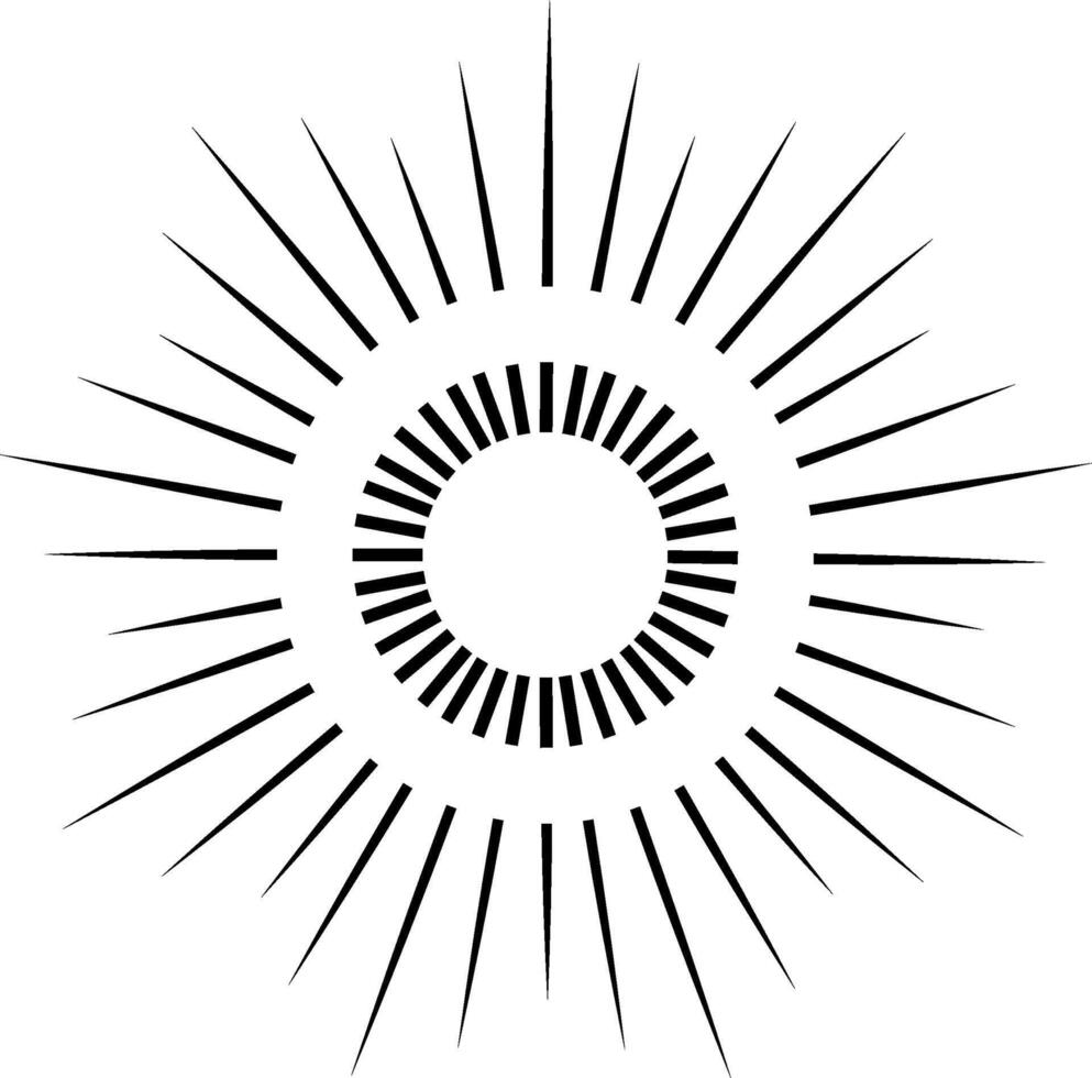 Black thin lines are radiating from a central dashed circle creating a sunburst effect on white background, suitable for graphic design projects vector