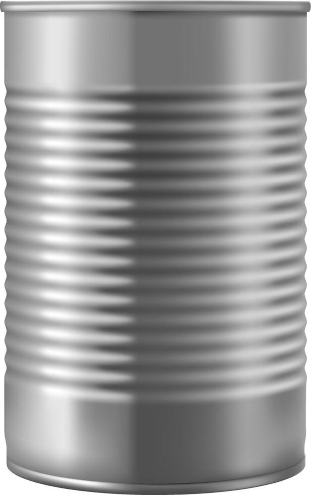 Gray metal tin can featuring parallel horizontal ridges, reflecting light and suggesting a metallic texture, ideal for beverage or food packaging, isolated on a white background vector