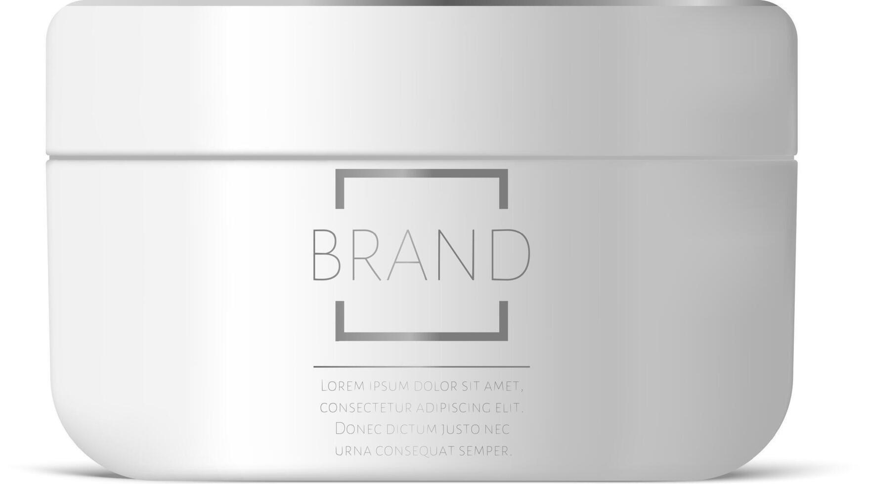 White cosmetic jar with silver cap displaying brand logo, providing a clean and modern look for beauty products, with sample text below the logo vector