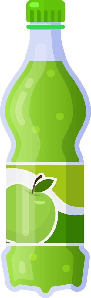 Refreshing green apple soda in plastic bottle with bubbles and green cap with an apple drawn on the label promoting healthy lifestyle and natural ingredients vector