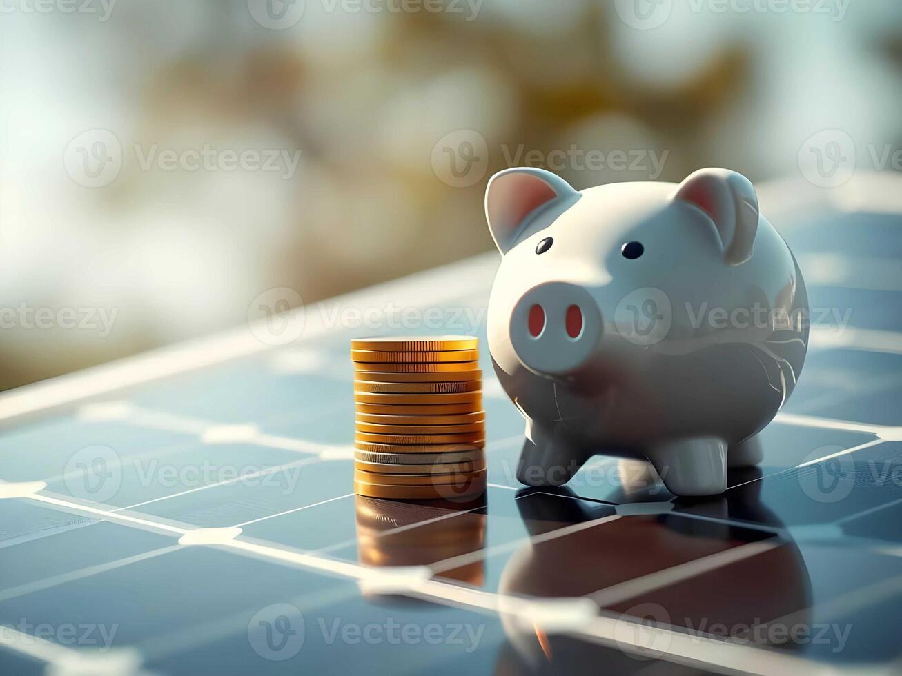 A pink piggybank rests on a solar panel, reflecting sunset rays, symbolizing sustainable savings and the bright future of renewable energy investments. Ai photo