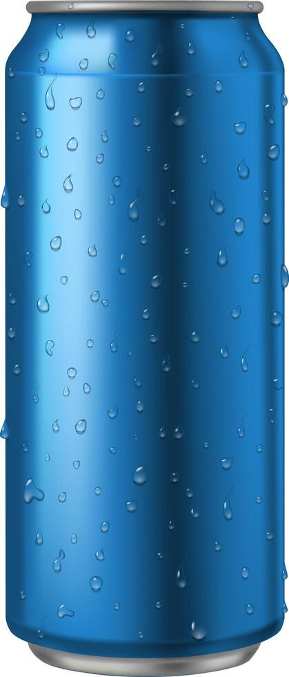 Refreshing blue aluminum can covered with condensation water drops, perfect for showcasing soda, lemonade, energy drinks, or other beverages, providing a cool and thirst quenching visual vector